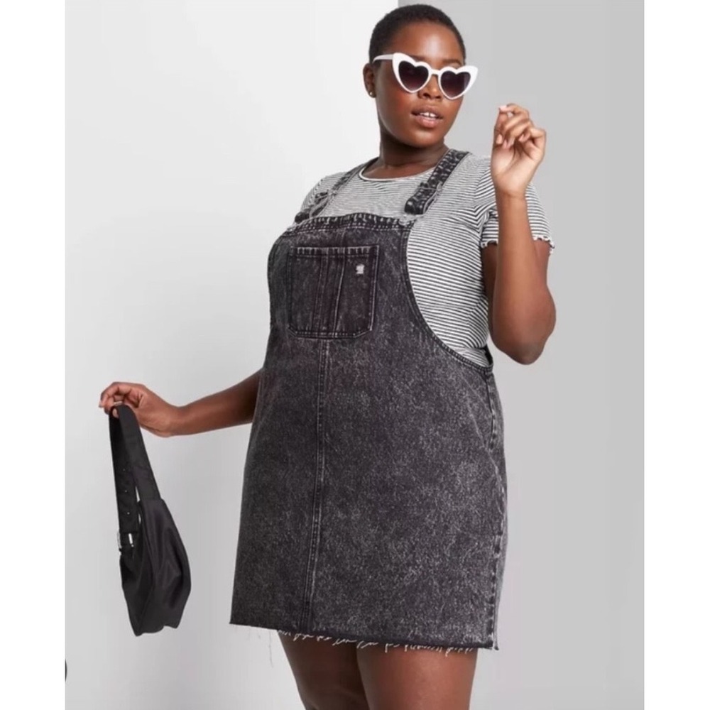 Wild Fable Women Small Black Acid Wash Denim Overall Dress Distress Raw Hem Mini